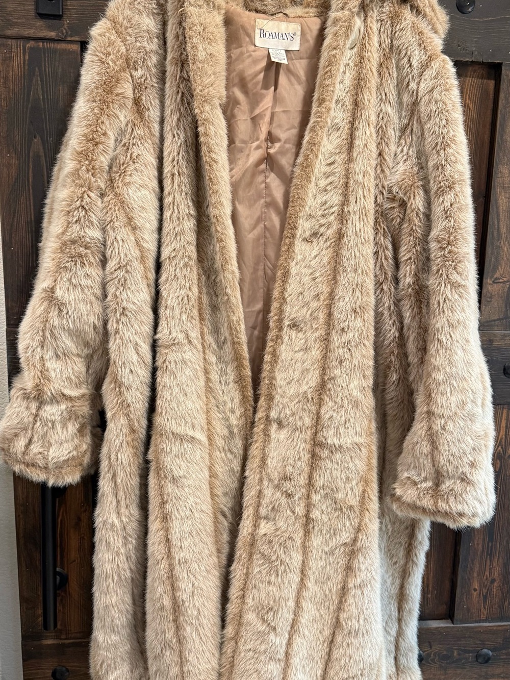Roaman’s 1X Brown Faux Fur Hooded Coat Long Plush Lined Plus Size